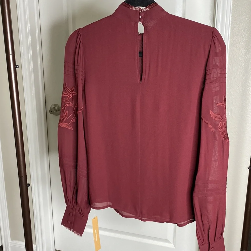Reformation Burgundy Embroidered High-Neck Blouse